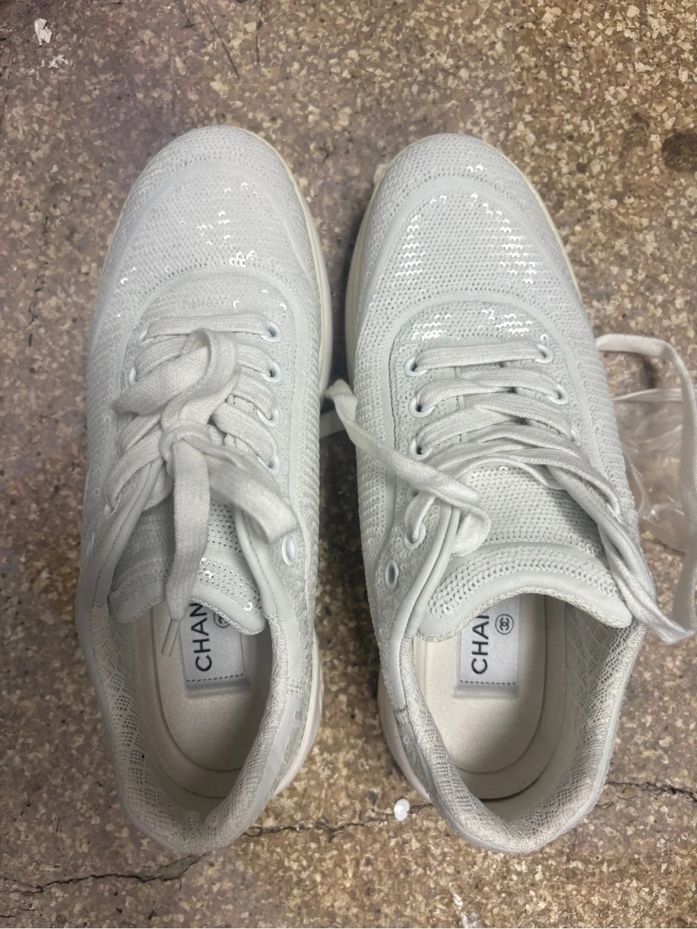 CHANEL White Sequined Lace-Up Sneakers - Women's